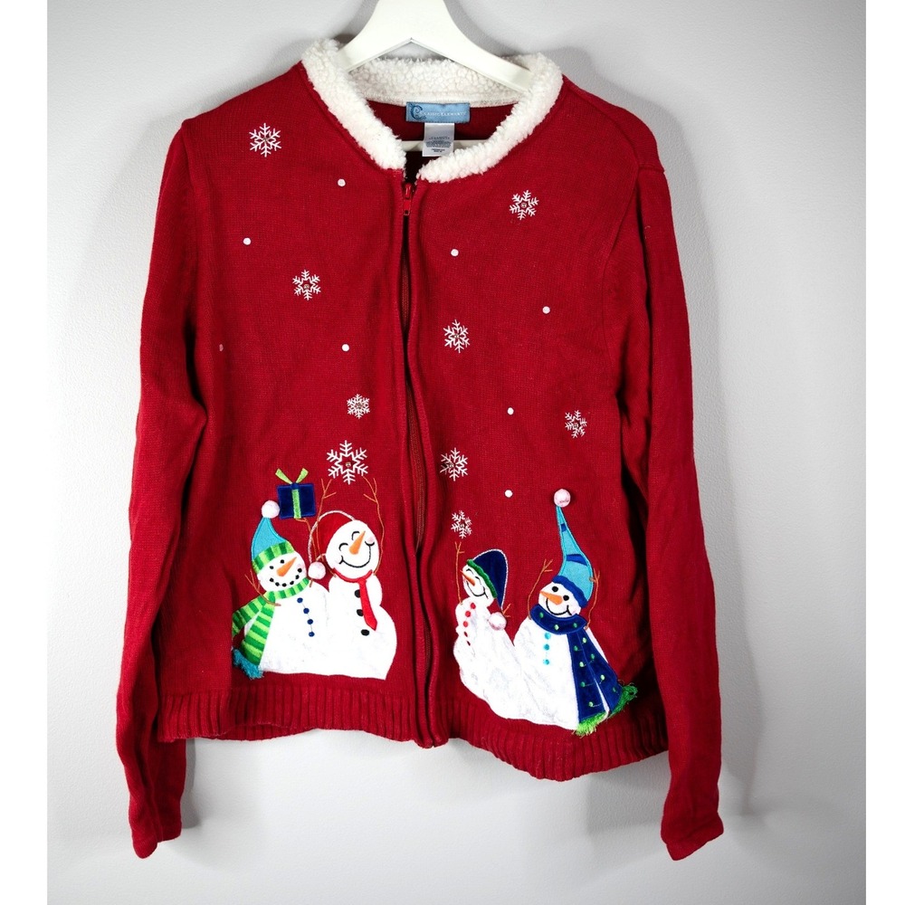 Classic Elements Cardigan Women XL Red Excellent Snowman Ugly Christmas Sweater